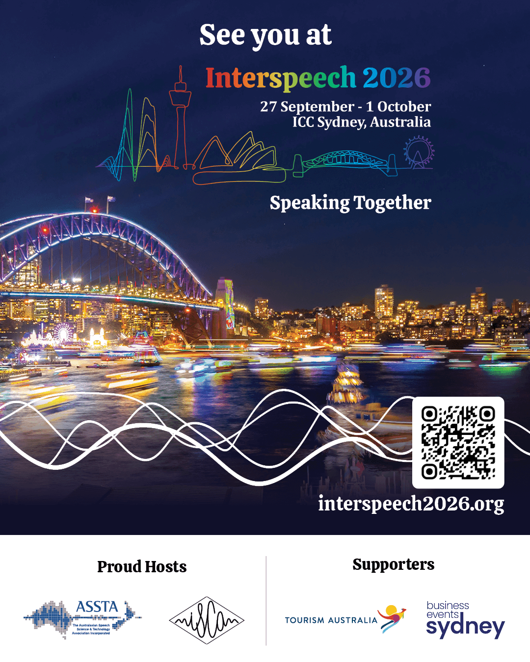 Poster for Interspeech 2026 in Sydney, 27 September to 1 October 2026, theme Speaking Together.